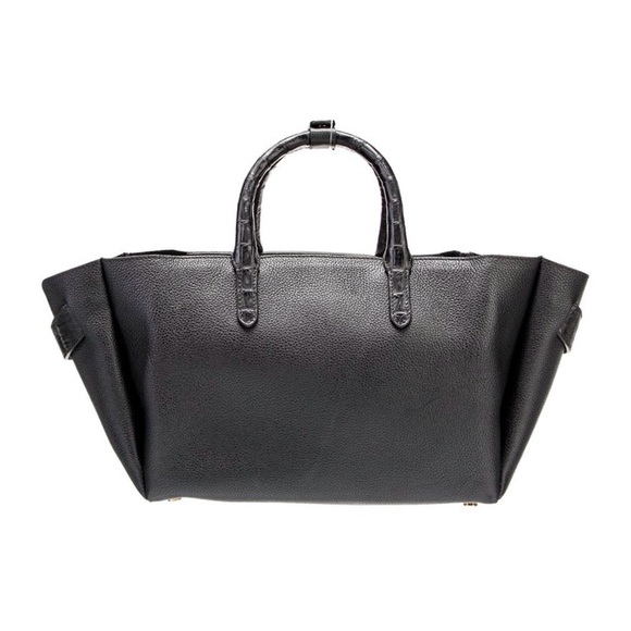 Nancy Gonzalez Black Pebbled Leather Tote Crocodile Trim Top Handle Bag - Picture 2 of 10